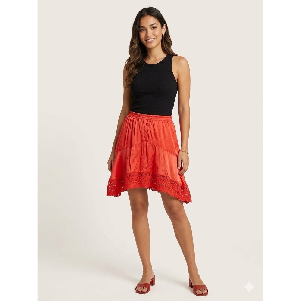 Intimately Free People Red/orange Crochet Lace Trim Mini Skirt Smocked Waist XS